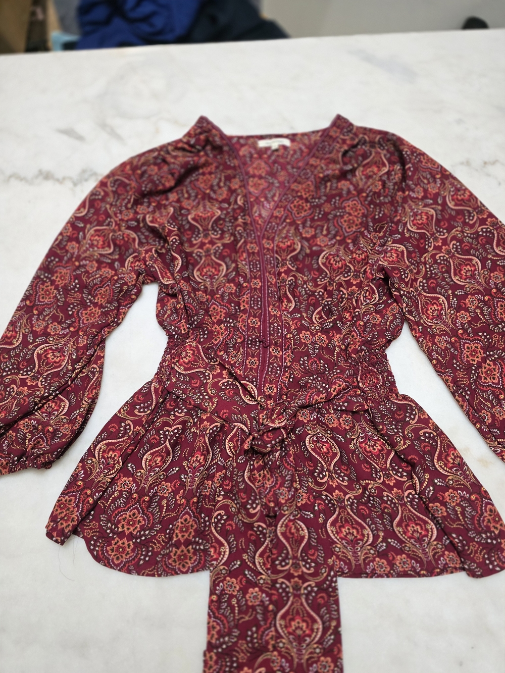 Woven V-Neck Tie-Waist Top in Burnt Red - Picture 7 of 8